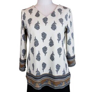 Charter Club Women M Border Print Top Nylon Cream Black Brown 3/4 Sleeves EUC
